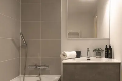 a bathroom with a shower and a sink and a mirror at Apartment Léo -Espace bien-être -Piscine in Les Houches