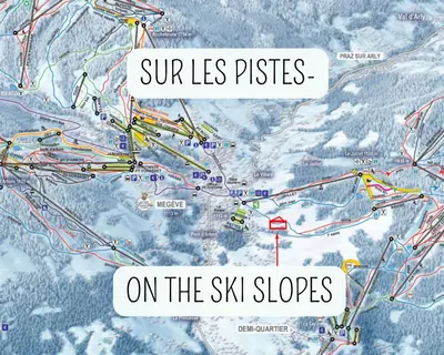 a map of ski slopes with the text sun less prices on the ski slopes at Chalet Orchidee Megeve sur les pistes in Megève