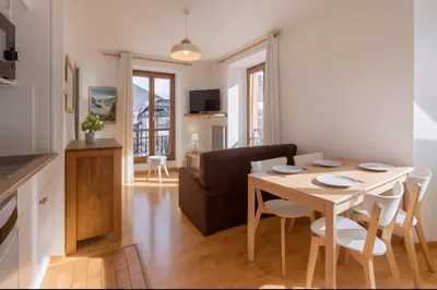 a living room with a couch and two windows at Charming flat right in the city centre in Chamonix-Mont-Blanc