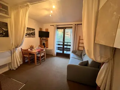 a living room with a couch and a table at Emeraude, petit cocon proche des pistes in Saint-Gervais-les-Bains