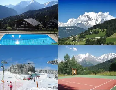 a group of four pictures of a tennis court and mountains at Appartement Balcon piscine tennis vue Montagne in Saint-Gervais-les-Bains