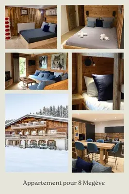 a collage of four pictures of a hotel room at Le Chalet 138 Megève séjour pour 8 confort espace charme calme in Demi-Quartier