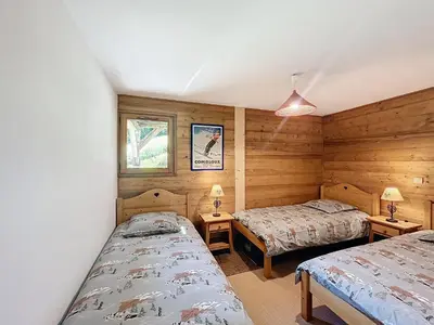 two beds in a room with wooden walls at Chalet individuel avec garage, terrasse, buanderie et cuisine équipée - FR-1-560-149 in Sallanches