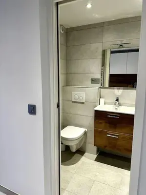 a bathroom with a toilet and a sink and a mirror at Joli petit studio neuf in Saint-Gervais-les-Bains