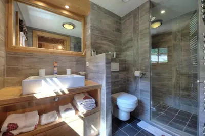 a bathroom with a sink and a shower and a toilet at Chalet Nidaya in Les Houches