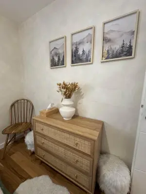 a vase on top of a dresser in a room at appartement chaleureux 60m2 neuf à proximité de tout, proche centre Samoëns in Samoëns
