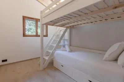 a bedroom with a bunk bed and a ladder at Rocher Blanc - Rénové - Spacieux - 4pax in Passy