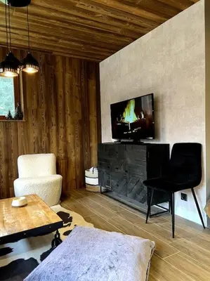 a living room with a television on a wall at Megève appartement centre ville palais des sports in Megève