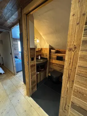 a room with a bathroom with a sink in it at Duplex aux pieds des pistes à Rochebrune in Megève