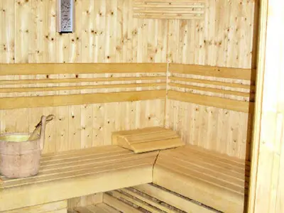 a small wooden sauna with a bucket in it at Chalet avec terrasse et animaux acceptés, proche centre et ski-bus - FR-1-624-169 in Samoëns
