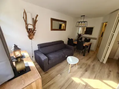 a living room with a couch and a table at Appt Cosy au centre Chamonix in Chamonix-Mont-Blanc