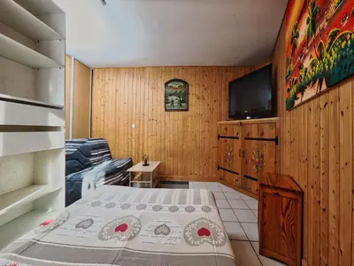 a small room with a bed and a tv at La Charlotte in Sallanches