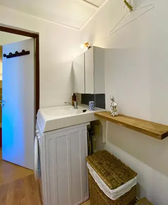 a bathroom with a sink and a mirror at Le coin cosy des 4 têtes - balcon - vue montagnes - proche centre & gare in Sallanches