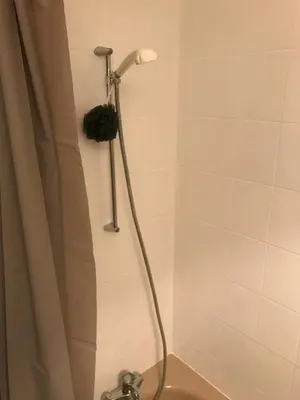 a shower in a bathroom with a shower curtain at STUDIO POINTE DES ARAVIS 4 PERS HTE-SAVOIE in Saint-Gervais-les-Bains