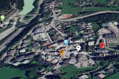 a map of a city with two red circles at Le Freney - New Apartment in Town Center & Free parking - By Cozee Rentals in Les Houches
