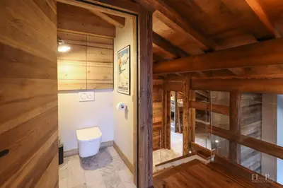 a bathroom with wood walls and a toilet at Chalet du Gouter in Combloux
