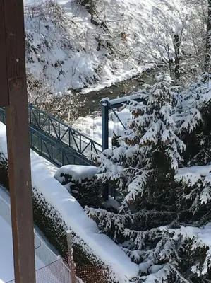 a tree covered in snow next to a fence at Les montagnes sur le balcon in Chamonix-Mont-Blanc