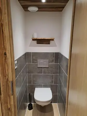 a bathroom with a white toilet in a room at Appartement équipé centre Carroz et garage in Arâches-la-Frasse
