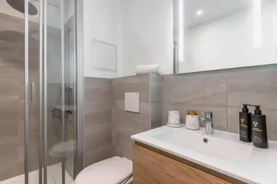 a bathroom with a toilet and a sink and a shower at Lachenal - Centre - Navette de ski - Balcon in Chamonix-Mont-Blanc