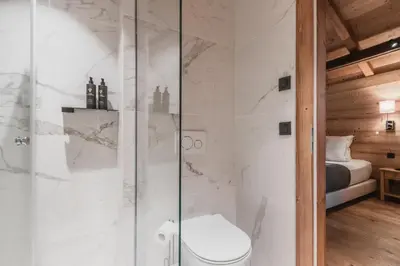 a bathroom with a toilet and a glass shower at La Ferme du Mont in Servoz