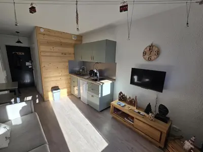 a living room with a couch and a tv on a wall at Studio avec balcon vue MontBlanc et parking gratuit le nid daigle in Chamonix-Mont-Blanc