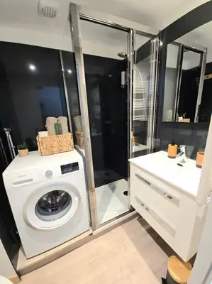 a bathroom with a washing machine and a sink at Studio avec balcon vue MontBlanc et parking gratuit le nid daigle in Chamonix-Mont-Blanc