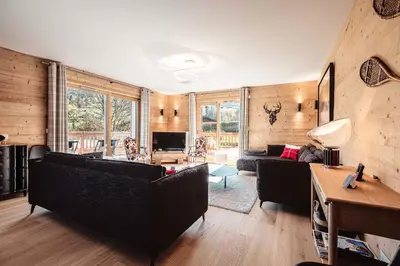 a living room with two couches and a television at Appartement Margot - All the comforts with a view of Mont Blanc in Combloux