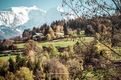a view of a valley with a snow covered mountain at Appartement Margot - All the comforts with a view of Mont Blanc in Combloux