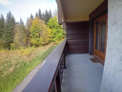 a balcony of a house with a view of a forest at Studio 4 pers, skis aux pieds, lave-vaisselle, lave-linge, balcon - FR-1-572-299 in Arâches-la-Frasse