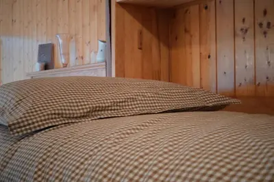 a bed with a checkered pillow in a room at Blanches Alpes Appartement Megève in Megève