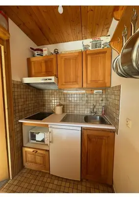 a small kitchen with wooden cabinets and a sink at Blanches Alpes Appartement Megève in Megève
