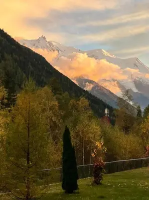 a view of a mountain with a fence and trees at Duplex 4 pers vue MontBlanc , Grands Montets in Chamonix-Mont-Blanc