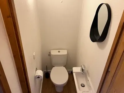 a small bathroom with a toilet and a mirror at Chamonix Charmant duplex 4 personnes et un enfant in Chamonix-Mont-Blanc