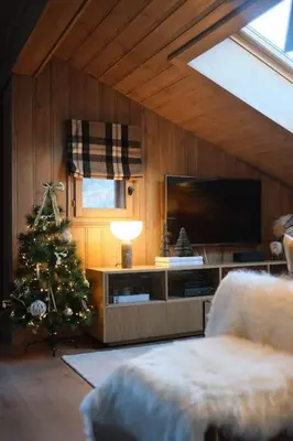a living room with a christmas tree and a television at Appartement avec vue sur les Dômes du Miage in Les Contamines-Montjoie