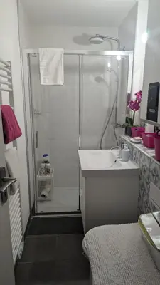 a white bathroom with a shower and a sink at Central Mont Blanc View Apartment, balcony, free parking in Chamonix-Mont-Blanc