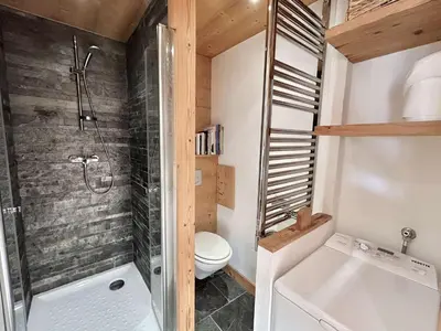 a small bathroom with a shower and a toilet at Charmant 2 pièces + cabine à Megève, proche remontées et parking inclus - FR-1-597-185 in Megève