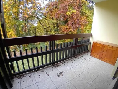 a balcony with a view of the woods at Studio cabine rénové près ski bus, 4 couchages - FR-1-572-301 in Arâches-la-Frasse