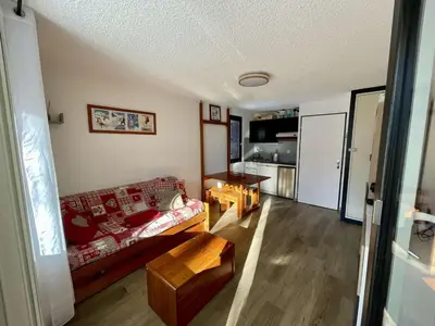 a living room with a couch and a table at Studio cabine rénové près ski bus, 4 couchages - FR-1-572-301 in Arâches-la-Frasse