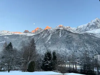 a mountain with snow on it with trees and buildings at Le Miage in Chamonix-Mont-Blanc
