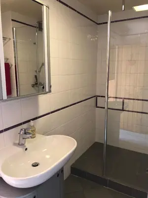 a bathroom with a sink and a shower at Flocon U Bon Slo Megeve 2 in Megève
