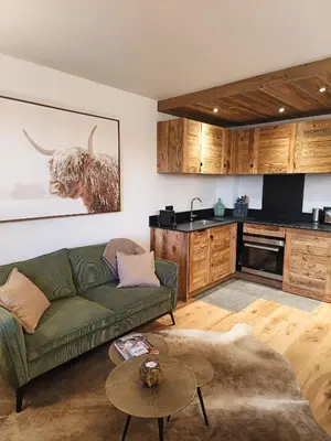 a living room with a green couch and a kitchen at Le green d'Arbois - Ski au pied in Megève