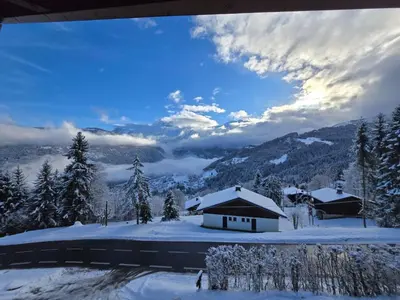 a winter view of a cabin in the snow at Au cœur des pistes in Saint-Gervais-les-Bains