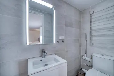 a bathroom with a sink and a mirror and a toilet at Studio 2 personnes in Passy