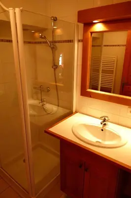a bathroom with a sink and a shower at 3 chambres - 2 SDB - 7 personnes - 100 m télécabine GME in Samoëns