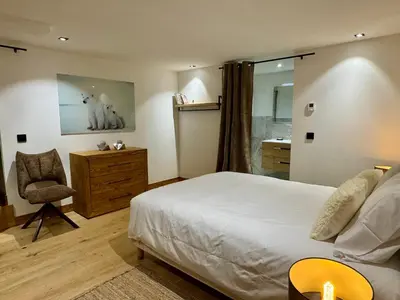 a bedroom with a bed and a chair and a mirror at Woodpecker Appartement au coeur du village in Les Houches