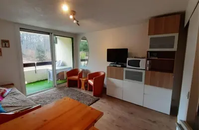 a living room with a couch and a tv at Joli studio aux Carroz d'Arâches in Arâches-la-Frasse