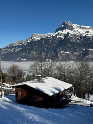 a snow covered cabin with a mountain in the background at Charmant petit chalet cosy in Combloux