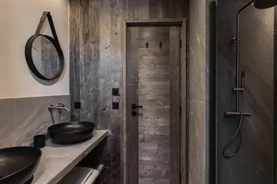 a bathroom with a sink and a wooden wall at Ferme des Choseaux - Grand Confort et ski in Combloux
