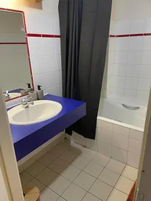 a bathroom with a sink and a mirror and a shower at Appartement 4 personnes in Combloux