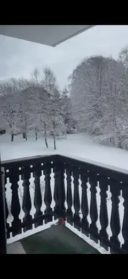 a balcony with snow covered trees and a fence at Carroz d Araches , 2 pièces rénové vue montagne, 4 personnes, 3 min du centre, parking,balcon in Arâches-la-Frasse